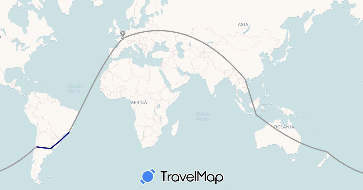 TravelMap itinerary: driving, plane in Argentina, France, New Zealand (Europe, Oceania, South America)